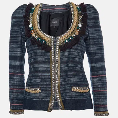 Isabel Marant Grey Striped Linen Crystal Embellished Jacket In Blue