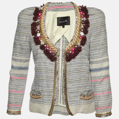 Pre-owned Isabel Marant Grey Striped Linen Crystal Embellishment Jacket M