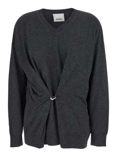 ISABEL MARANT GREY V-NECK SWEATER WITH RING DETAIL AT THE WAIST IN FABRIC WOMAN