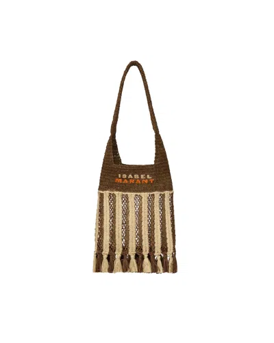 Isabel Marant Handwoven Raffia Tote Bag With Fringe And Logo Detail In Brown