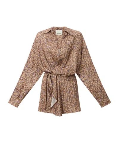 Isabel Marant Harmony Floral-print Satin-jacquard Wrap Mini Shirt Dress In Brown