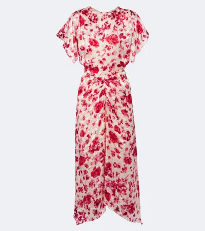 Isabel Marant Floral Ruched Dress Ruffled Sleeves V Neckline In Pink