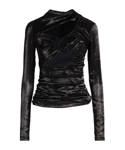 Isabel Marant Rose Cutout Gathered Metallic Hammered Silk-blend Satin Top In Black