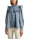 Isabel Marant Ruffled Neckline Lyocell Shirt With Gathered Cuffs In Blue