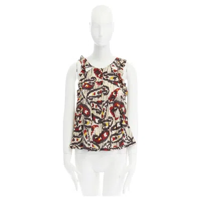 Pre-owned Isabel Marant Ikat Cream Ethnic Print Silk Ruffle Cut-out Top Fr34 Xs Us2 Uk6 In White