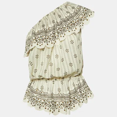 Pre-owned Isabel Marant Ivory Printed Cotton Studded One Shoulder Top M In White
