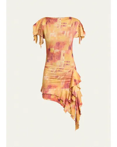 Isabel Marant Janick Asymmetric Ruffle Jersey Mini Dress In Orange