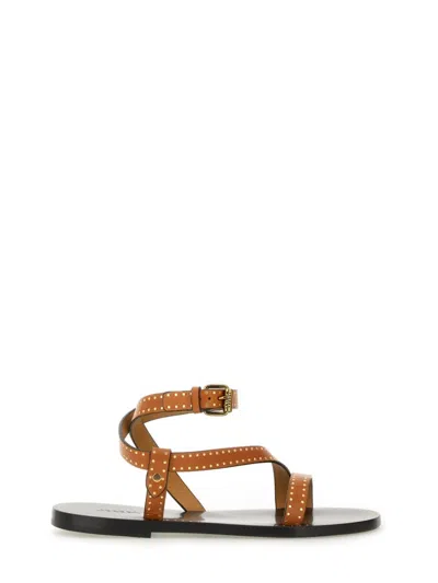Isabel Marant Flat Brown Leather Sandals With Gold Stud Accents