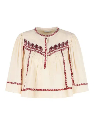 Isabel Marant Juline Beige And Red Cotton Blouse In White
