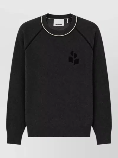 Isabel Marant Crew Neck Grey Knitwear Sweater With Textured Emblem In Black