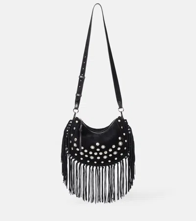 Isabel Marant Kanao Small Fringed Suede Shoulder Bag In Black