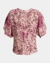 Isabel Marant Karlita Spotted-print Silk Short-sleeve Blouse In Purpleecru
