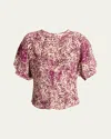 Isabel Marant Karlita Spotted-print Silk Short-sleeve Blouse In Purpleecru