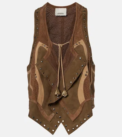 Isabel Marant Kelby Studded Patchwork Suede Vest In Brown