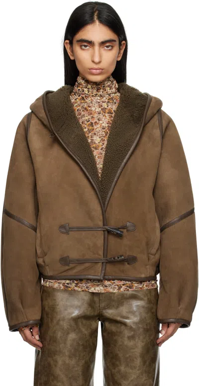 Isabel Marant Amiel Oversized Hooded Leather-trimmed Shearling Jacket In Bronze