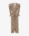 Isabel Marant Albini Printed Gathered Three-quarter Sleeve Dress In Ochre-ecru