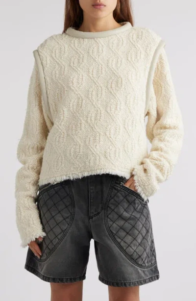 Isabel Marant Ladiva Leather-trimmed Cable-knit Wool-blend Bouclé Sweater In Ecru