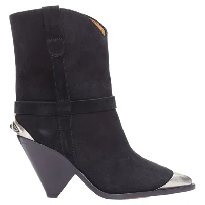 Isabel Marant Lamsy Suede Leather Cap Toes Ankles Cone Boots In Black