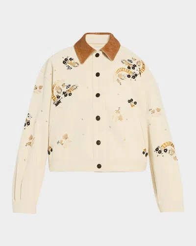 Isabel Marant Lavine Embroidered Cotton Leather-collar Barn Jacket In Multi