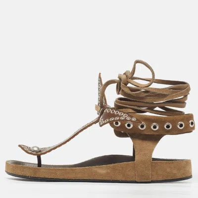 Pre-owned Isabel Marant Lenny Size 37 Beige Suede And Leather Buckle Embellished Flats In Sand