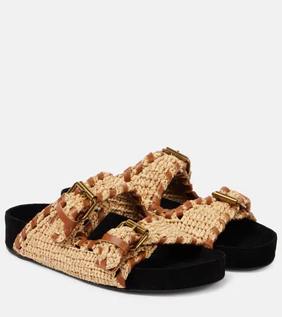 Isabel Marant Lennyo Leather-trimmed Woven Raffia Sandals In Neutrals