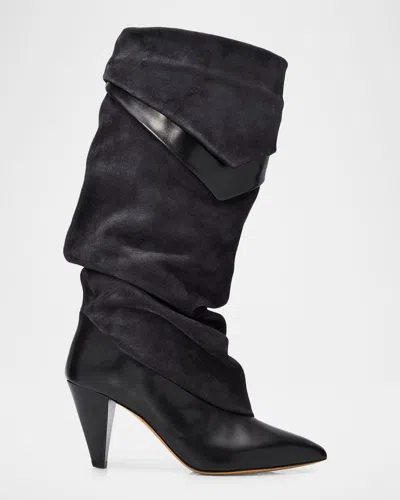Isabel Marant Lezra Mixed Leather Scrunched Boots In Black
