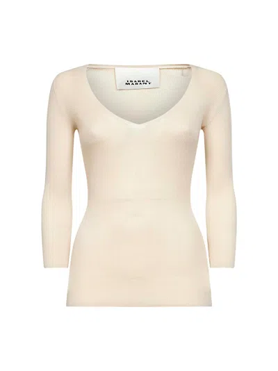 Isabel Marant Light Beige Ribbed Crepe Knit Felicia Top In Neutral