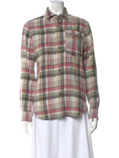 Pre-owned Isabel Marant Linen Plaid Print Button-up Top In Neutrals
