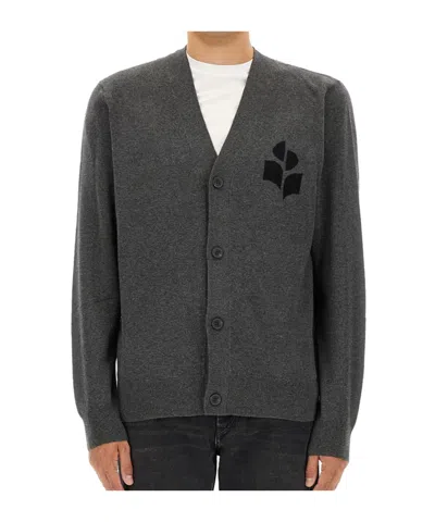 Isabel Marant Logo Intarsia-knit V-neck Cardigan In Gray