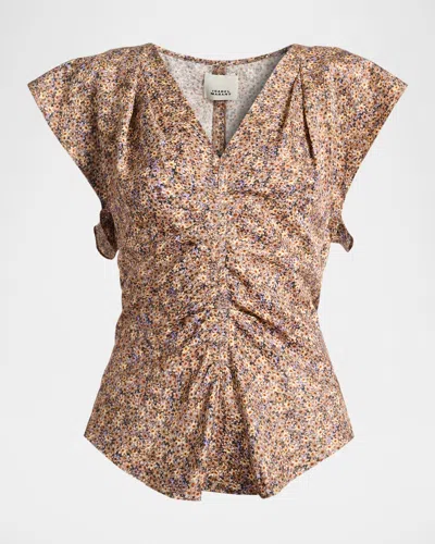 Isabel Marant Lonea Draped Floral Silk Jacquard Top In Brown