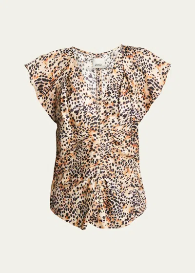 Isabel Marant Lonea Ruched Short-sleeve Top In Animal Print