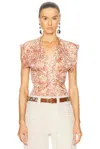Isabel Marant Printed Burnout Velvet Lonea Top In Light Red & Ecru