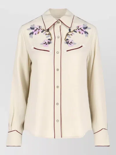 Isabel Marant Long Sleeve Top Embroidery Beads Contrast Piping In Neutral