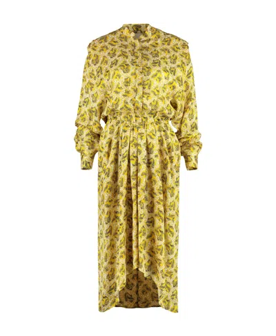 Isabel Marant Yellow Printed Dress With Buttoned Cuffs And Elasticated Waistband In Multi