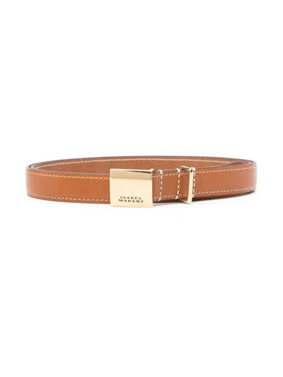 Isabel Marant Lowell Engraved-buckle Leather Belt In Nude & Neutrals