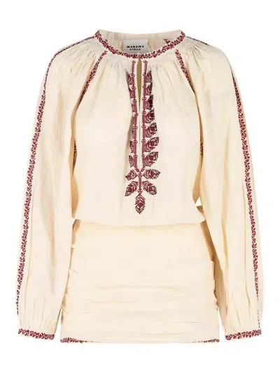 Isabel Marant Ludy Short Dress In Beige And Red Cotton In Neutral