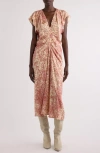 Isabel Marant Lyndsay Spotted Velvet Burnout Flutter-sleeve Midi Dress In Light Red/ecru