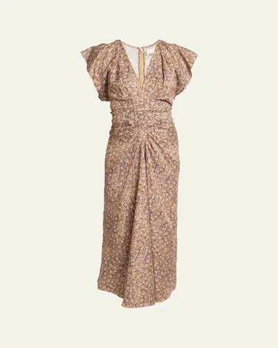 Isabel Marant Lyndsay Floral Satin Flutter-sleeve Midi Dress In Brown