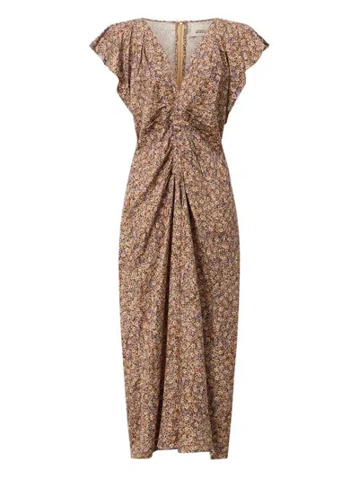 Isabel Marant Lyndsay Floral Satin Flutter-sleeve Midi Dress In Brown