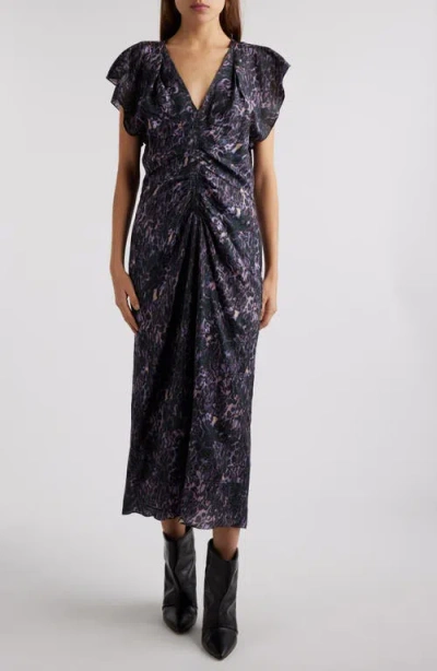 Isabel Marant Lyndsay Print Center Ruched Dress In Dark Plum