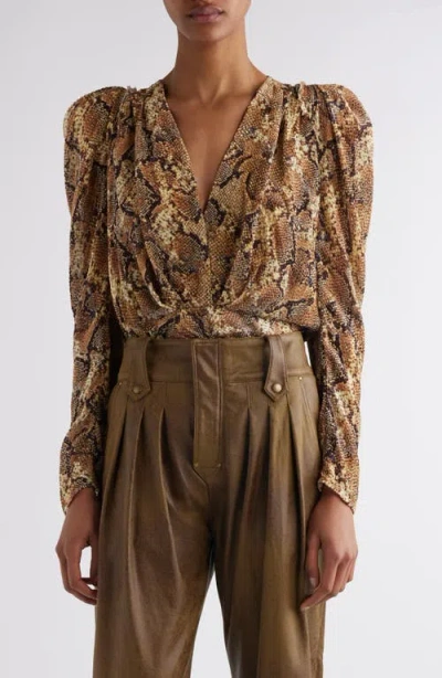 Isabel Marant Marlin Snakeskin Print Silk Blend Top In Sand