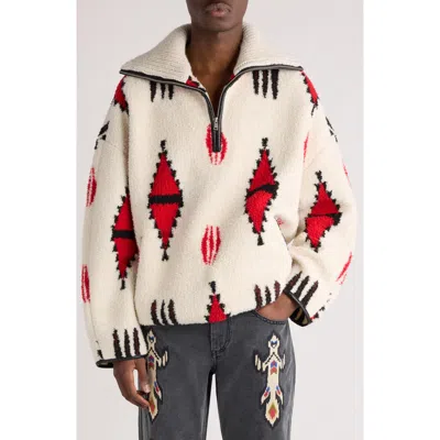 Isabel Marant Marlo Fleece Quarter Zip Pullover In Ecru/red