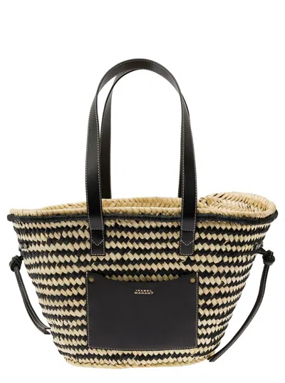 ISABEL MARANT 'MEDIUM CADIX' BEIGE AND BLACK TOTE BAG WITH LOGO DETAIL IN RAFIA AND LEATHER WOMAN