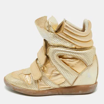 Pre-owned Isabel Marant Metallic Gold Leather Bekett Wedge Sneakers Size 40 In Silver