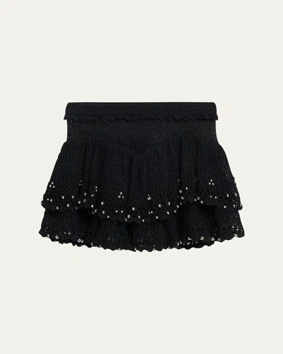 Isabel Marant Metuanie Tiered Crochet Knit Mini Skirt In Black