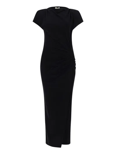 Isabel Marant Long Draped Black Jersey Dress With Structured Shoulders