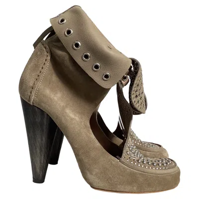Pre-owned Isabel Marant Mossa Studded Cut Out Ankle Boots In Brown Suede In Gray