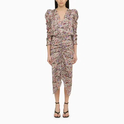 ISABEL MARANT MULTICOLORED PRINTED SILK MIDI DRESS FOR WOMEN WITH V-NECK, DRAPING, AND BALLOON SLEEVES