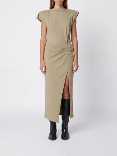 Isabel Marant Nadela Draped Cotton Midi Sheath Dress With Side Slit In Gray