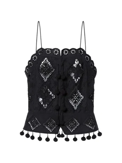 Isabel Marant Nelssy Broderie Anglaise Pompom Trim Top In Black